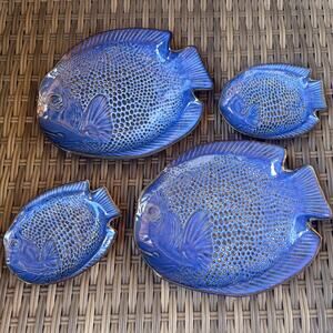 Vintage Kotobuki Japan Set of 2 Azure Blue Fish Plates & 2 Azure Sauce Dish